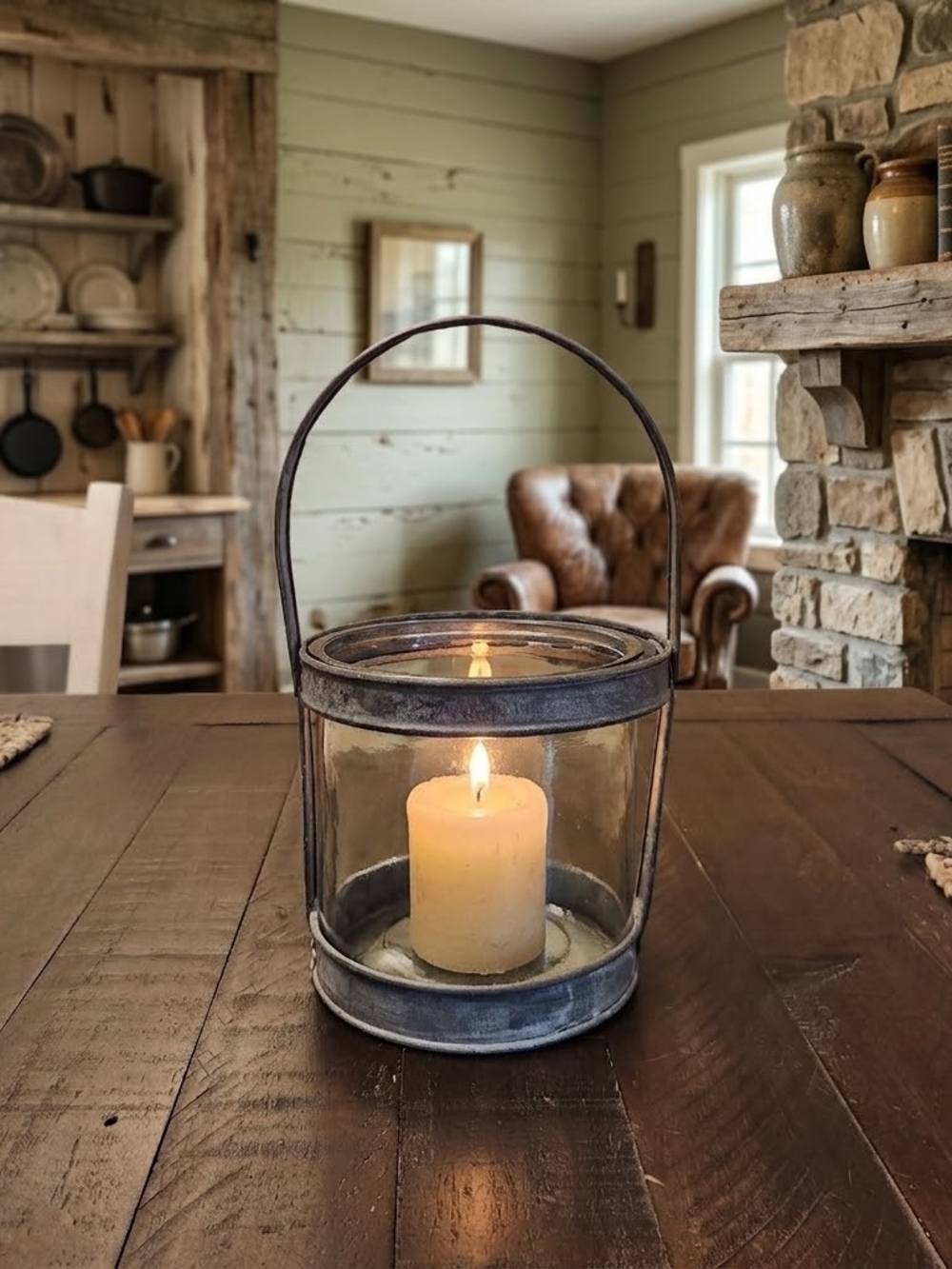 Rustic Distressed Metal & Glass Candle Lantern